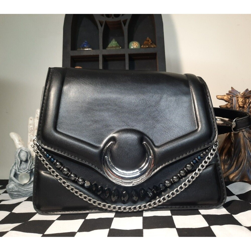 Black Crescent Moon Crossbody Bag with Handmade Hematite Chain